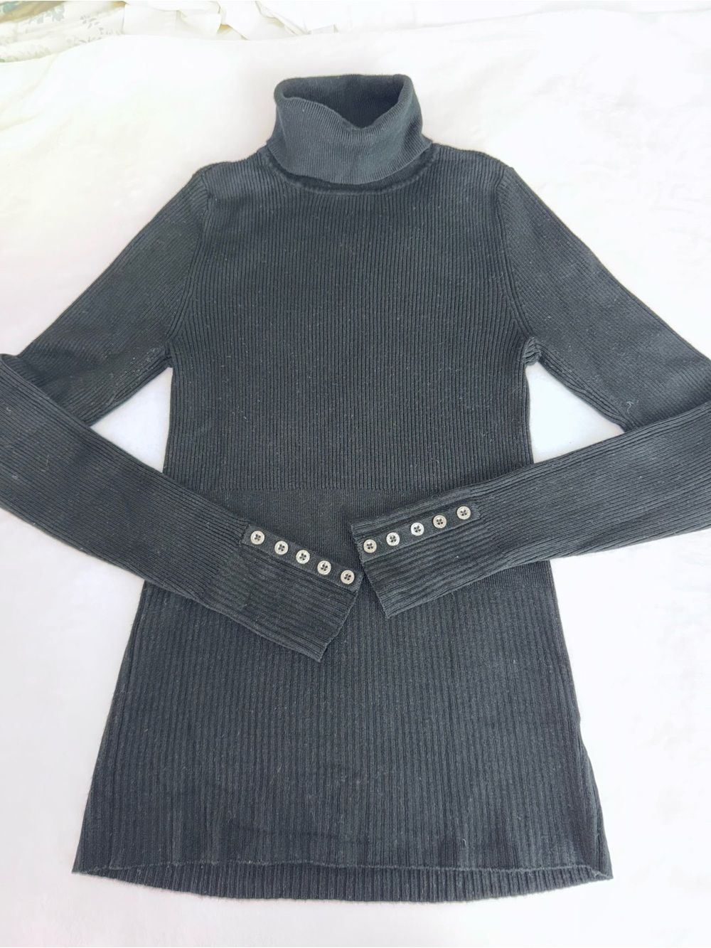 White House Black Market Black Ribbed Button-Cuff Knit Top